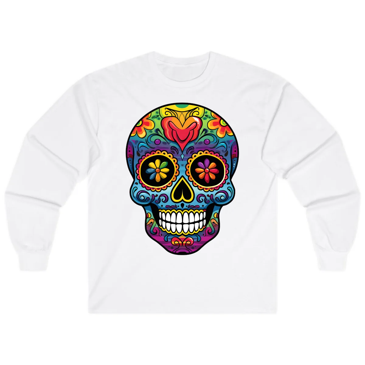 Vibrant Floral Sugar Skull Calavera Long Sleeve in White