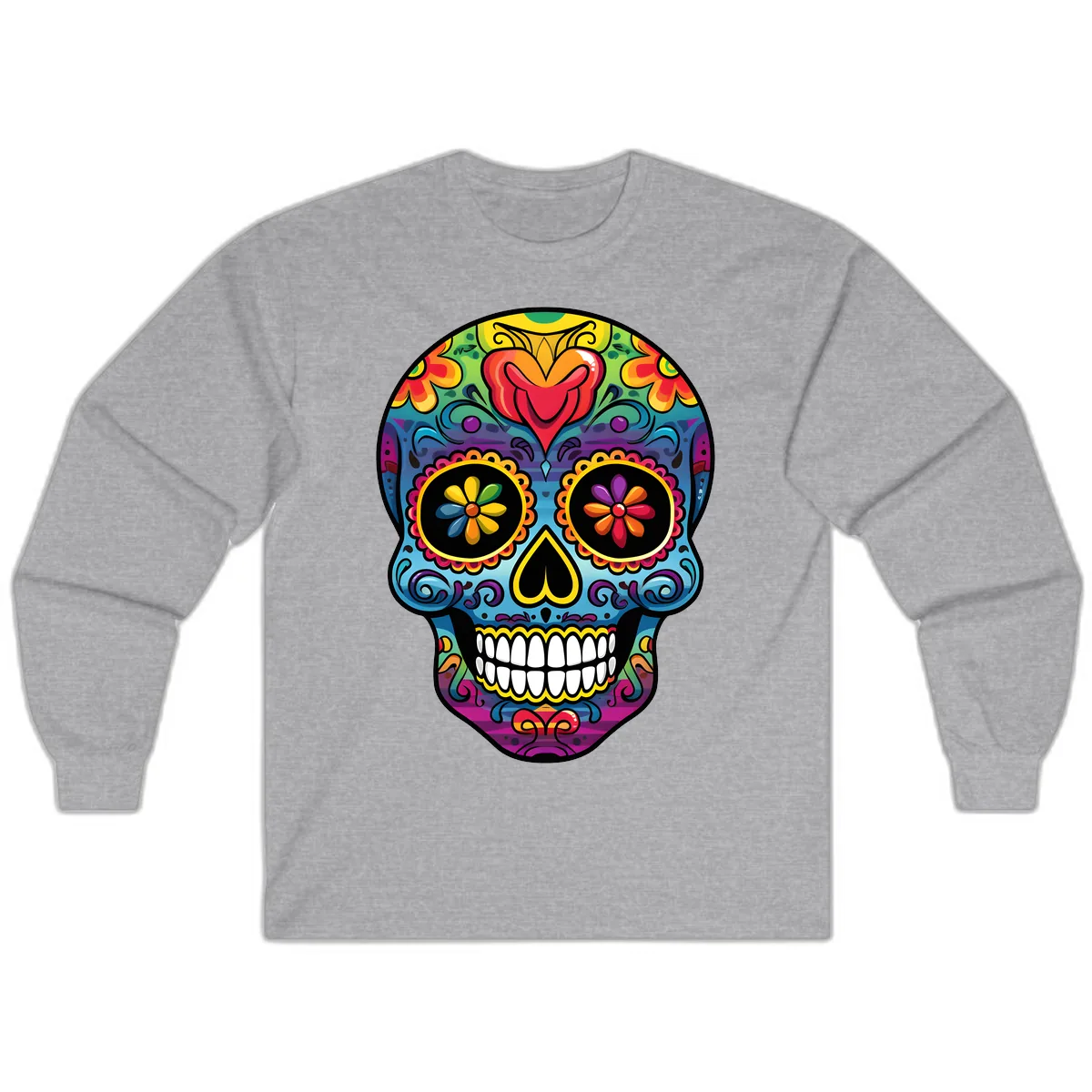 Vibrant Floral Sugar Skull Calavera Long Sleeve in Sport Grey