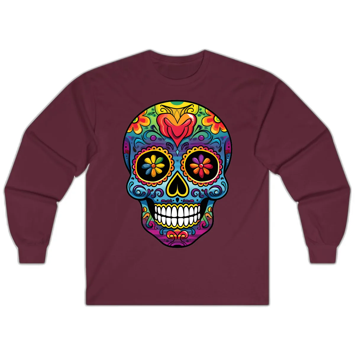 Vibrant Floral Sugar Skull Calavera Long Sleeve in Maroon