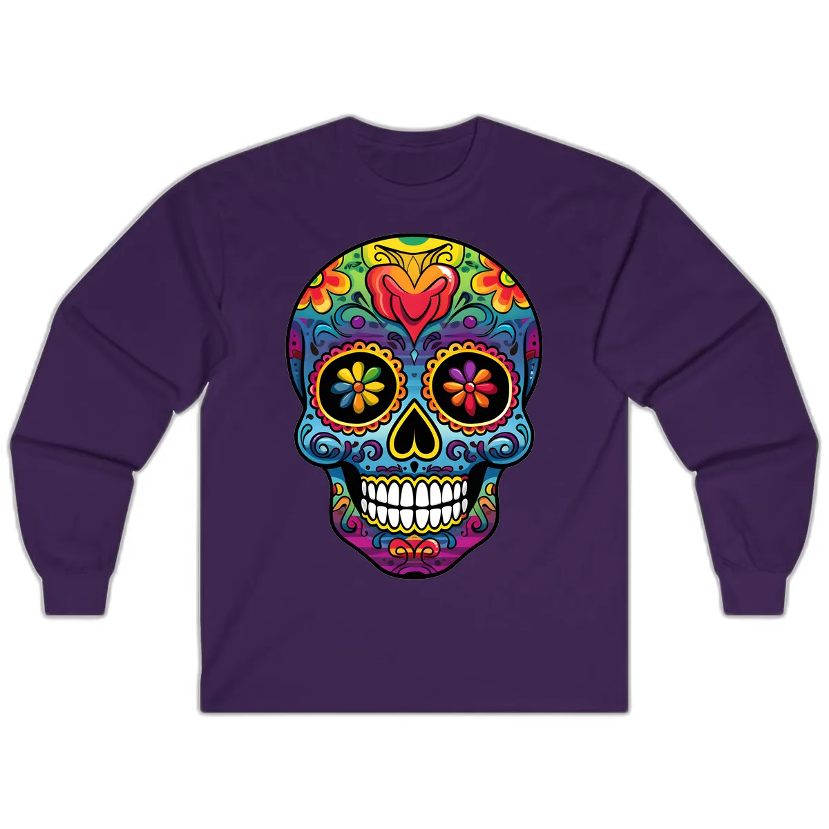 Vibrant Floral Sugar Skull Calavera Long Sleeve in Purple