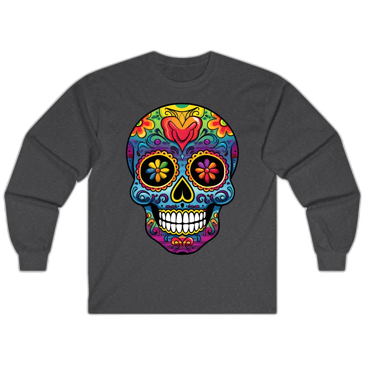 Vibrant Floral Sugar Skull Calavera Long Sleeve in Dark Heather
