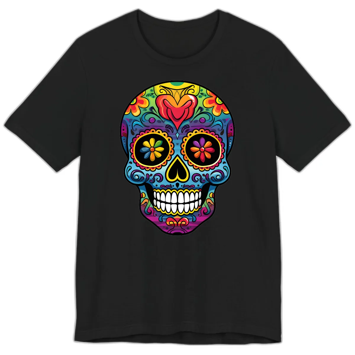 Vibrant Floral Sugar Skull Calavera Premium T-Shirt in Black