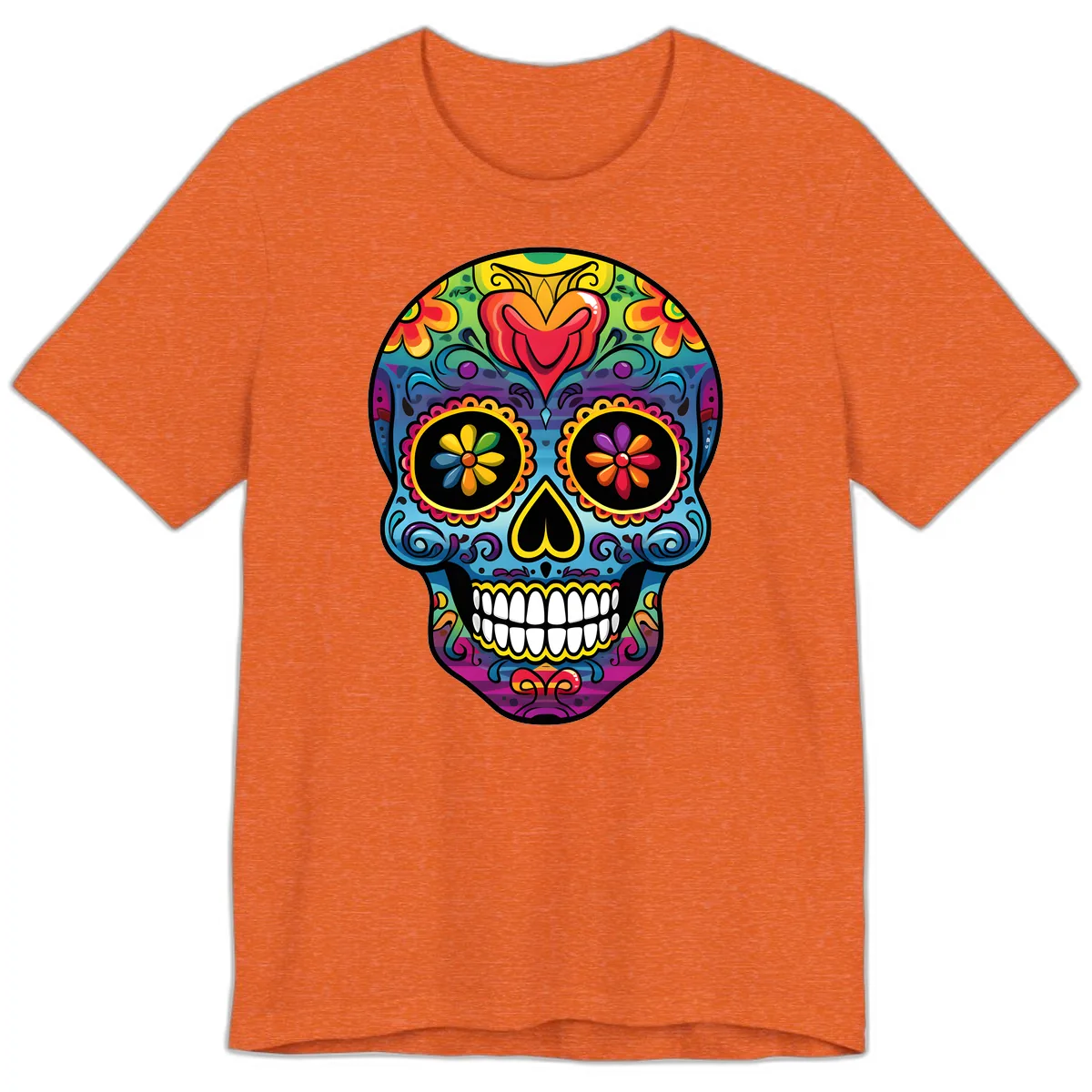 Vibrant Floral Sugar Skull Calavera Premium T-Shirt in Heather Orange
