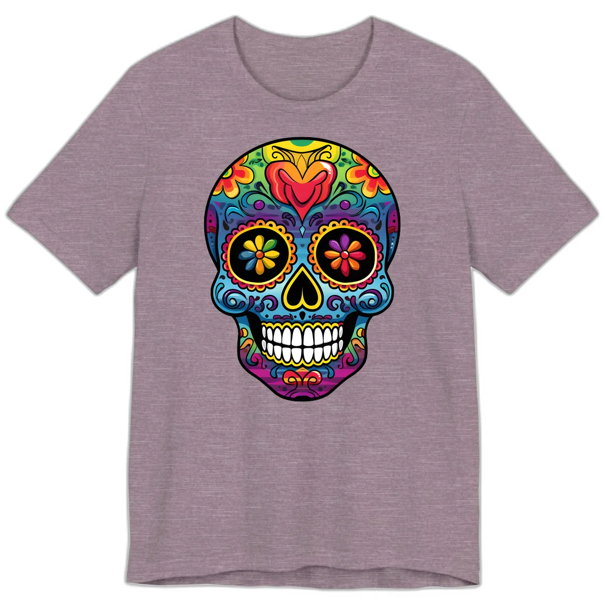 Vibrant Floral Sugar Skull Calavera Premium T-Shirt in Heather Purple