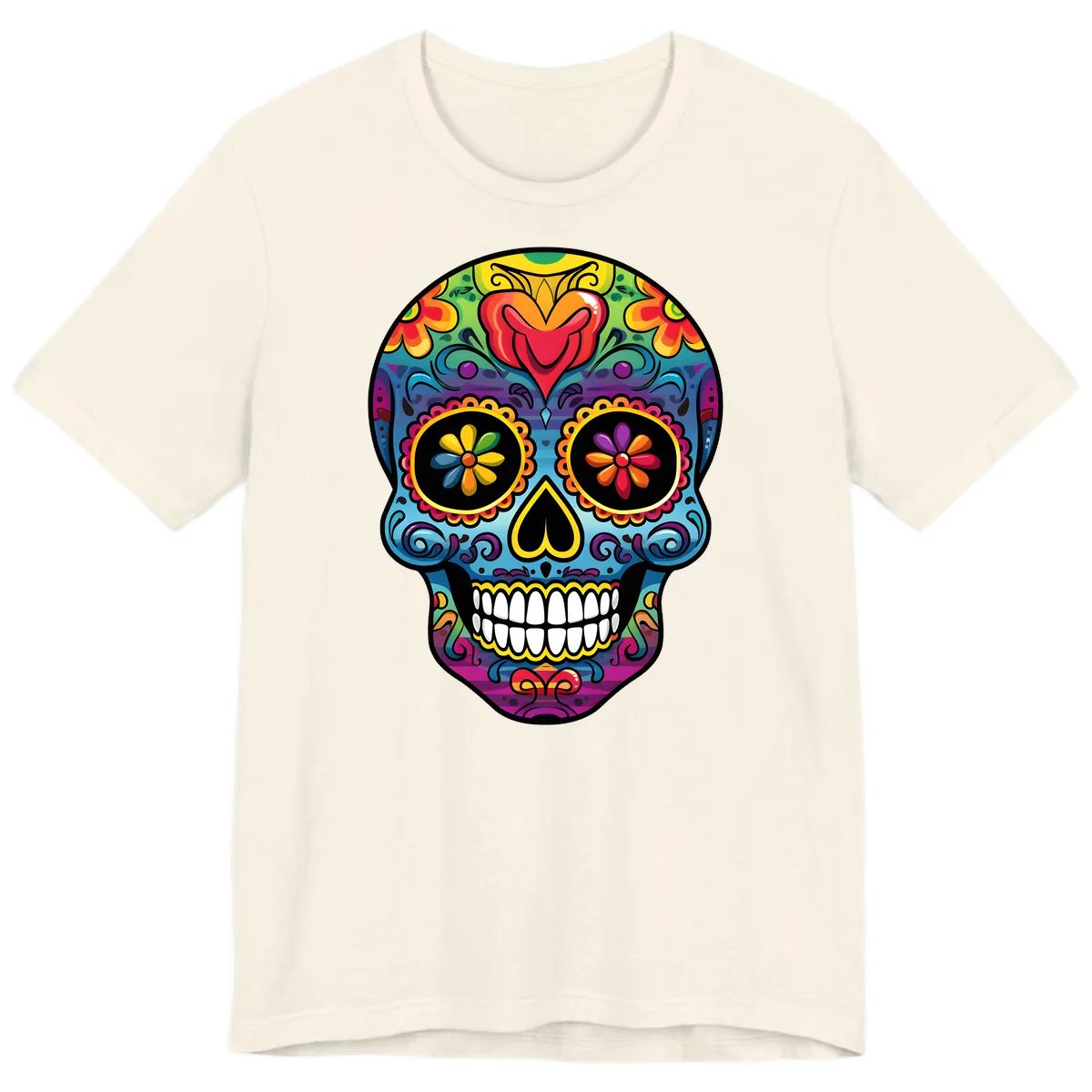 Vibrant Floral Sugar Skull Calavera Premium T-Shirt in Natural