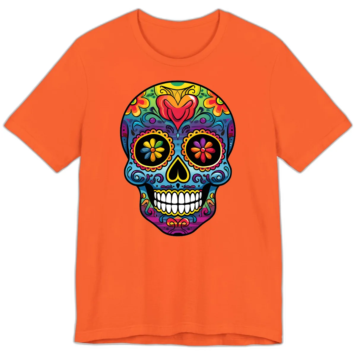 Vibrant Floral Sugar Skull Calavera Premium T-Shirt in Orange