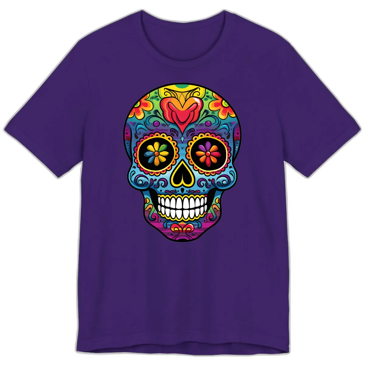 Vibrant Floral Sugar Skull Calavera Premium T-Shirt in Team Purple
