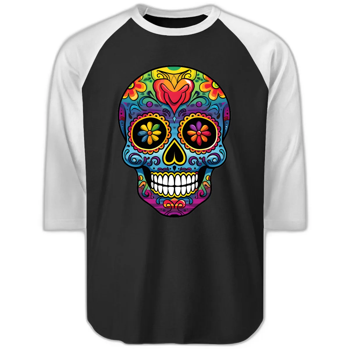 Vibrant Floral Sugar Skull Calavera Raglan 3/4 in Black White