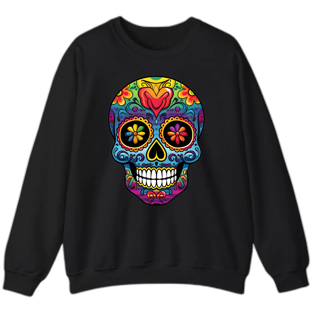 Vibrant Floral Sugar Skull Calavera Sweatshirt in Black