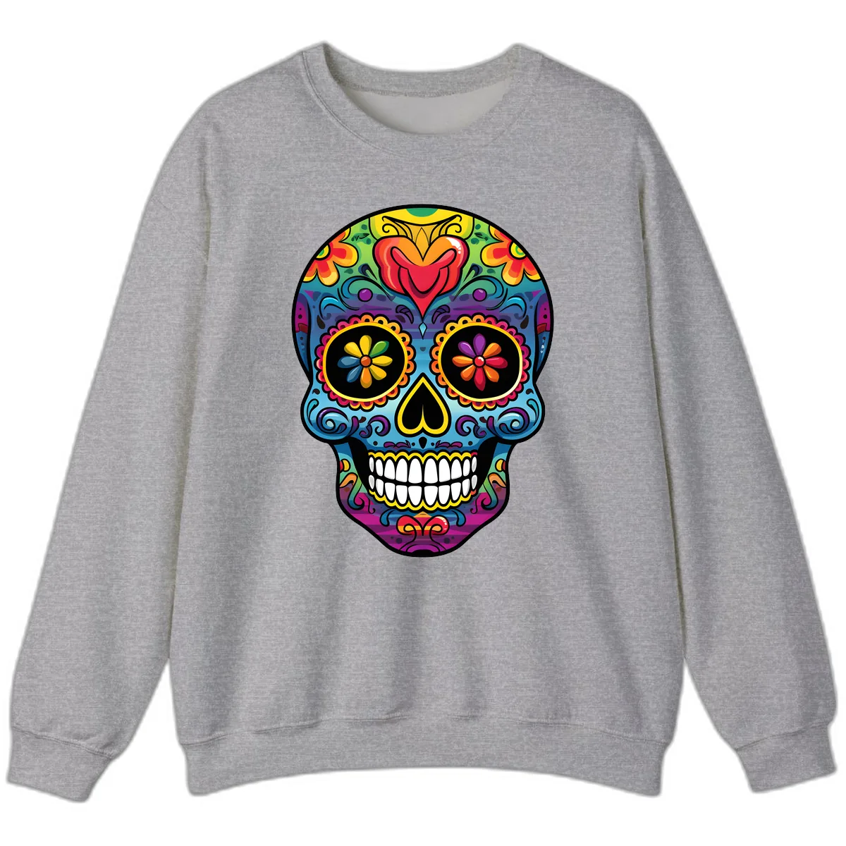 Vibrant Floral Sugar Skull Calavera Sweatshirt in Sport Grey