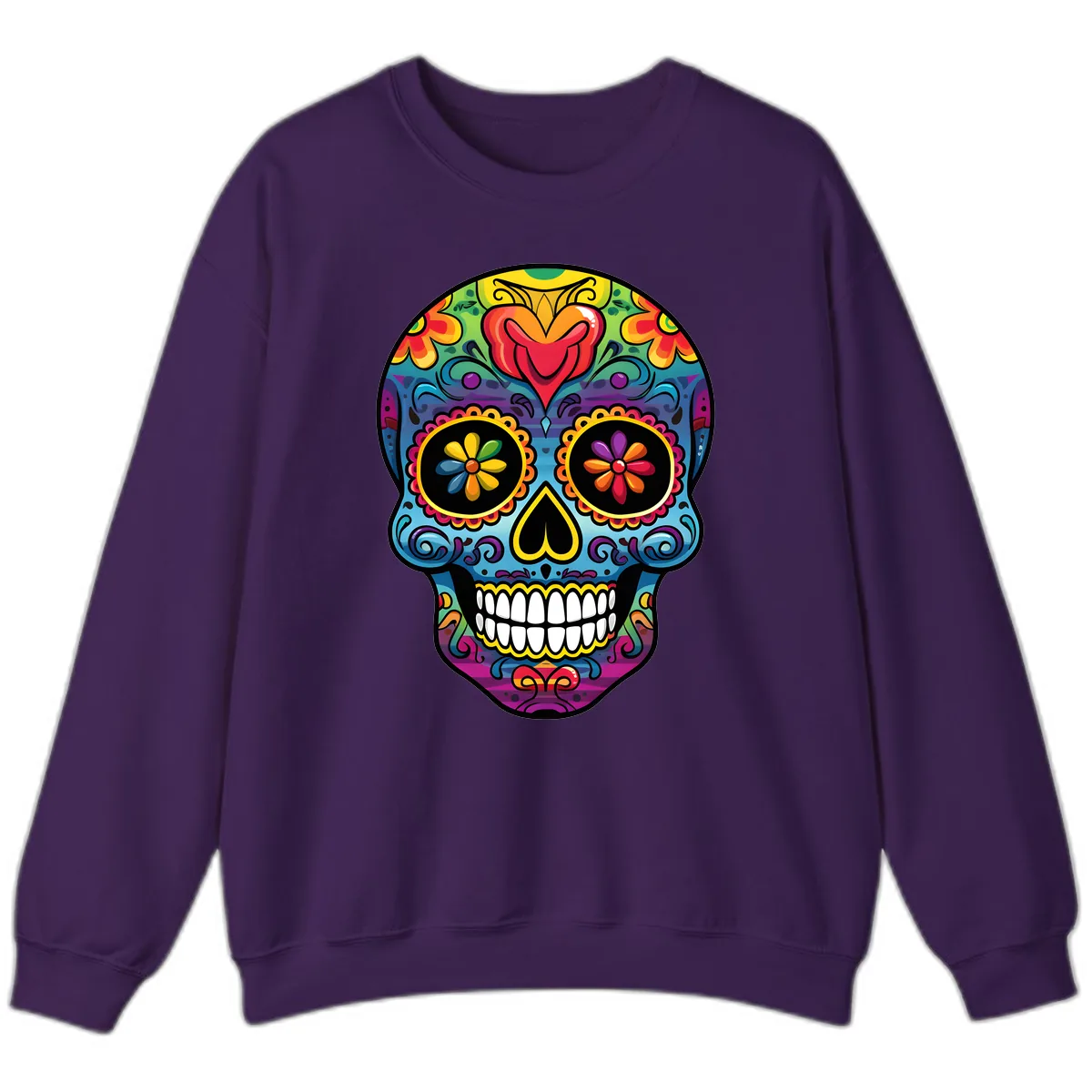 Vibrant Floral Sugar Skull Calavera Sweatshirt in Purple