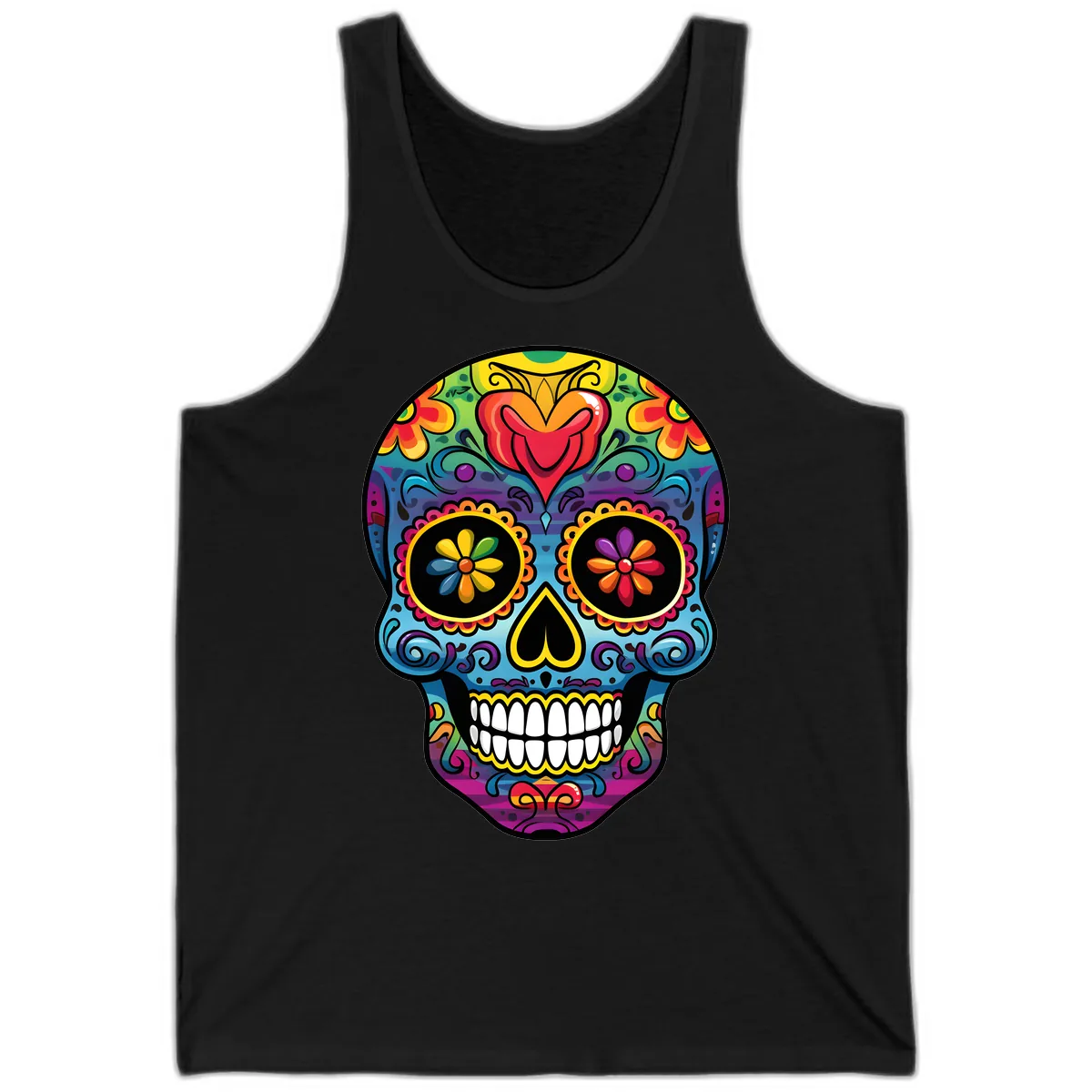Vibrant Floral Sugar Skull Calavera Tank in Black