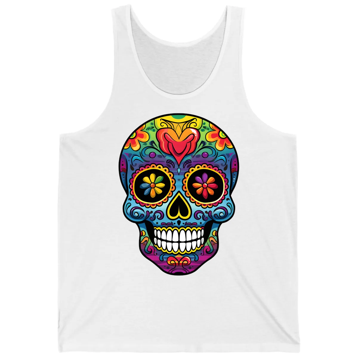 Vibrant Floral Sugar Skull Calavera Tank in White