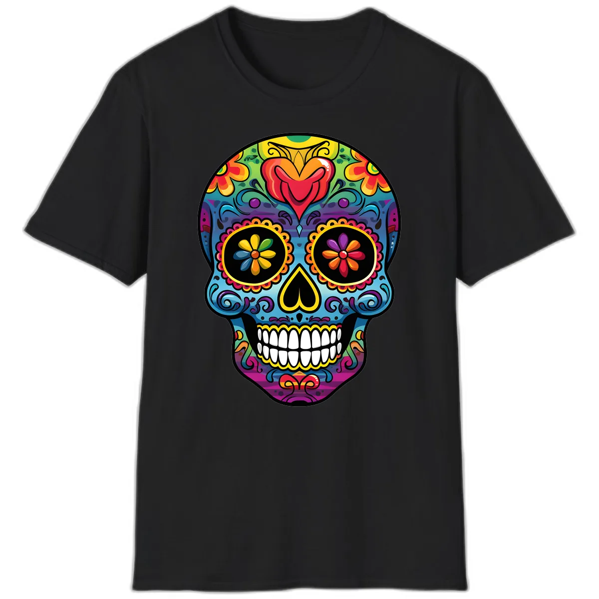 Vibrant Floral Sugar Skull Calavera T-Shirt in Black