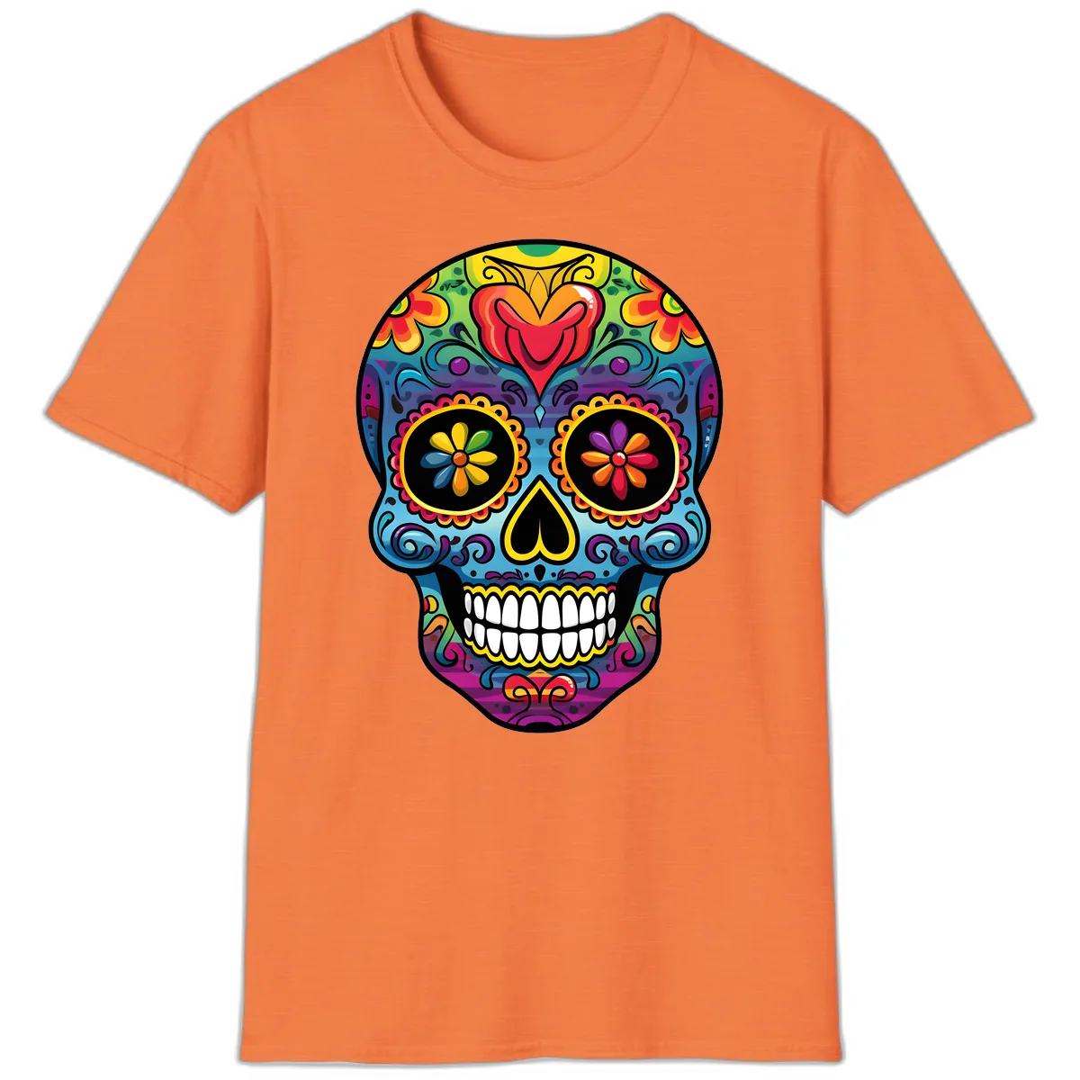 Vibrant Floral Sugar Skull Calavera T-Shirt in Heather Orange