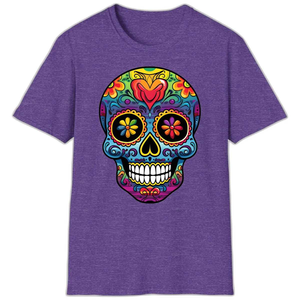Vibrant Floral Sugar Skull Calavera T-Shirt in Heather Purple