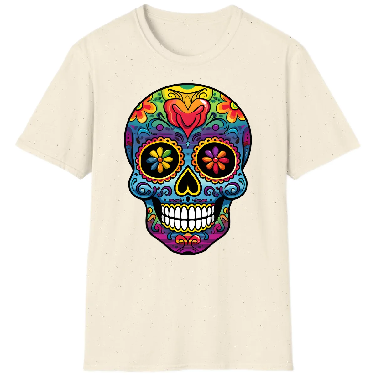 Vibrant Floral Sugar Skull Calavera T-Shirt in Natural