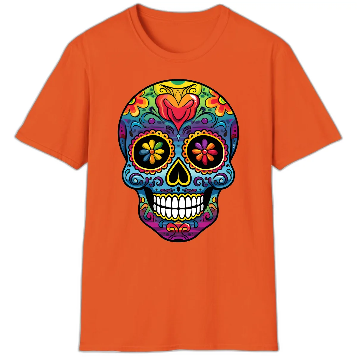 Vibrant Floral Sugar Skull Calavera T-Shirt in Orange