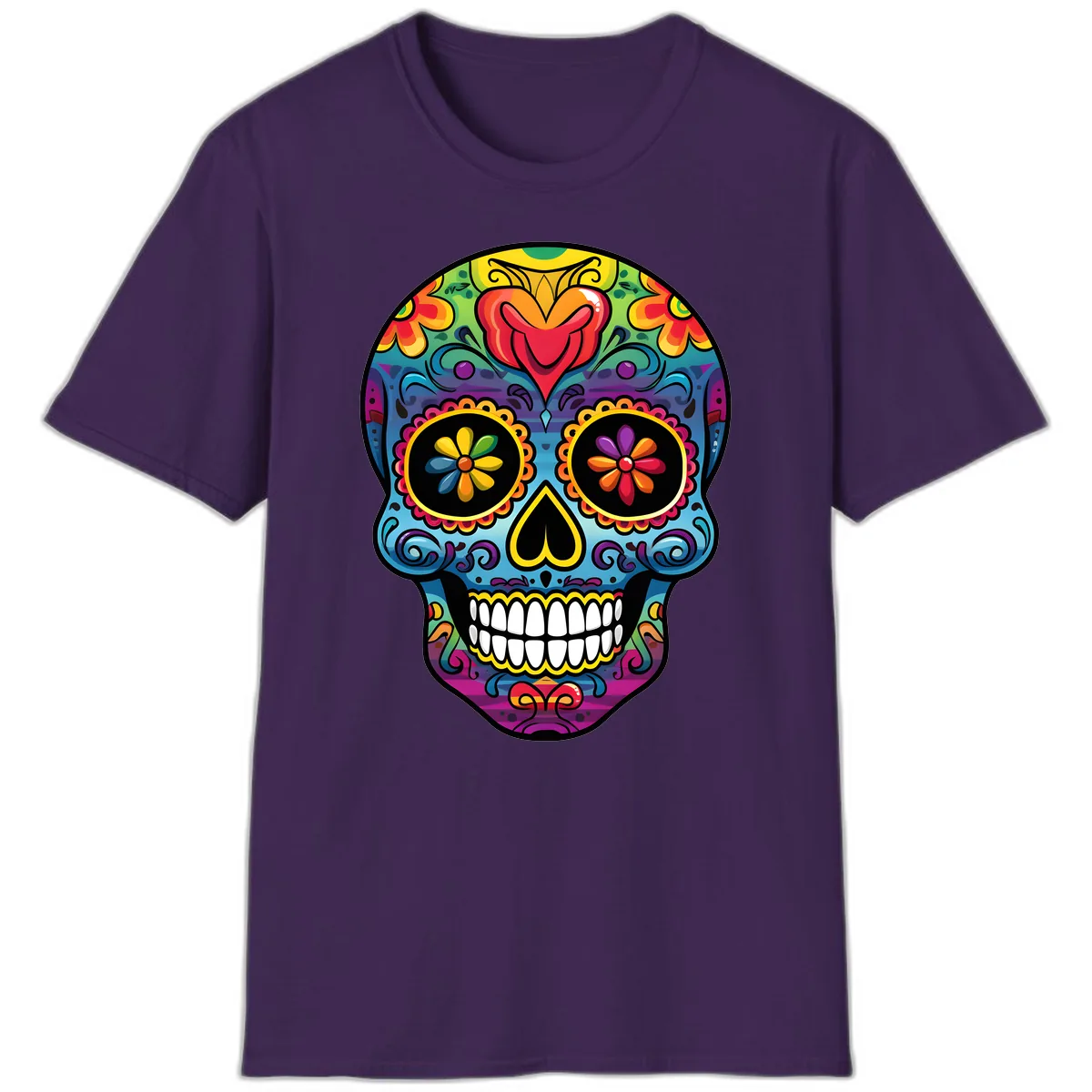 Vibrant Floral Sugar Skull Calavera T-Shirt in Purple