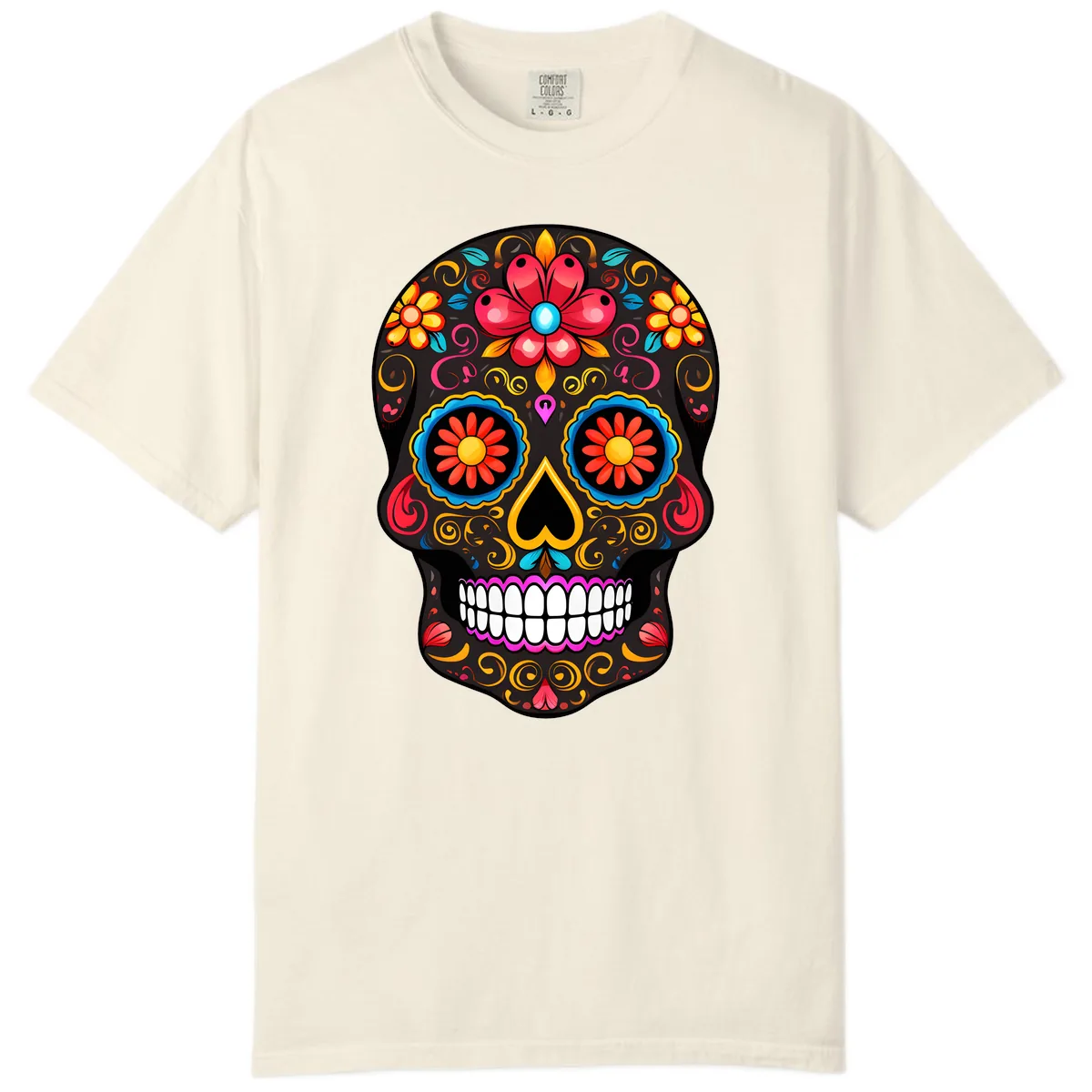 Vibrant Floral Sugar Skull Calavera Art Comfort Color in Ivory