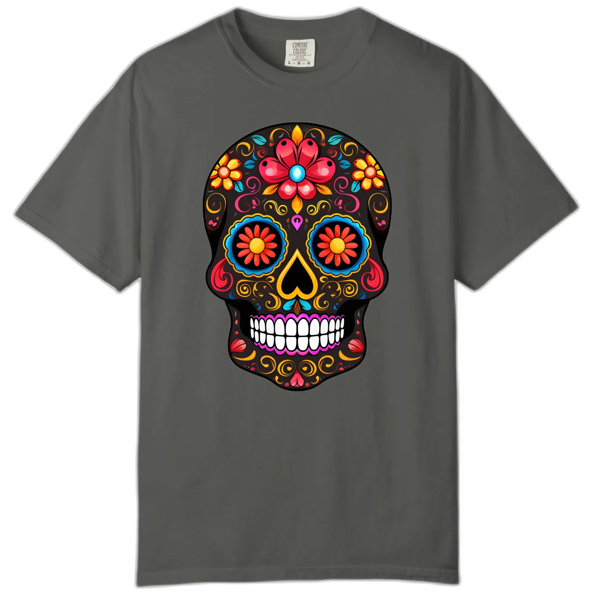 Vibrant Floral Sugar Skull Calavera Art Comfort Color in Pepper
