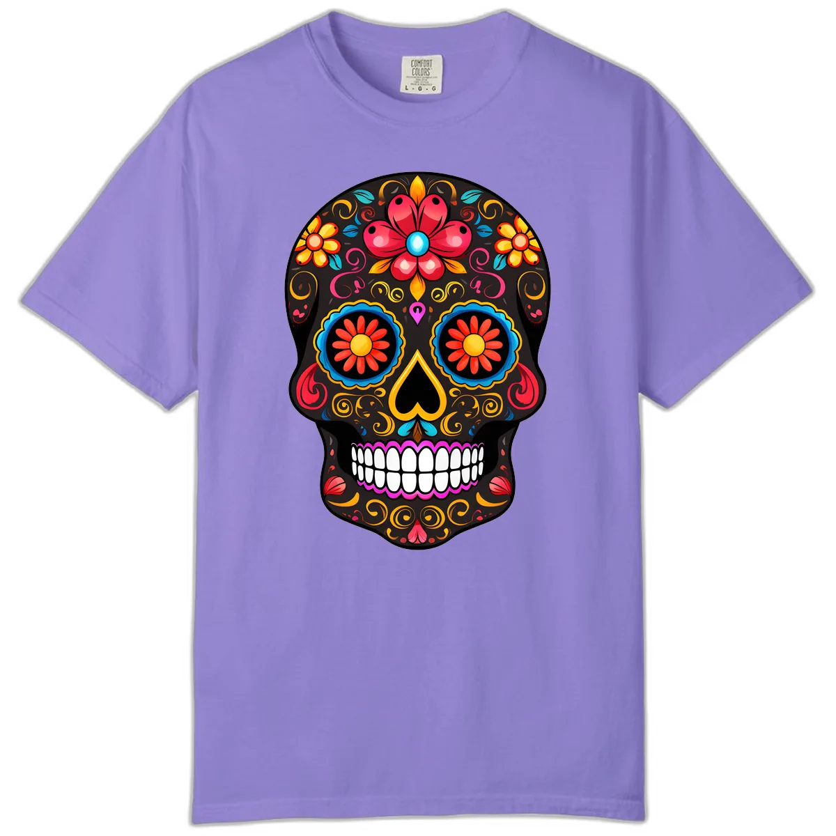 Vibrant Floral Sugar Skull Calavera Art Comfort Color in Violet