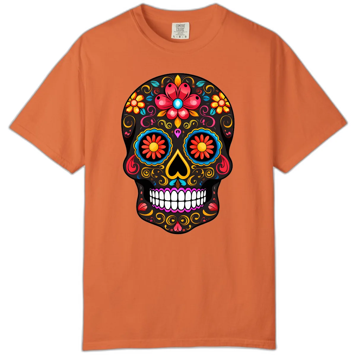 Vibrant Floral Sugar Skull Calavera Art Comfort Color in Burnt Orange