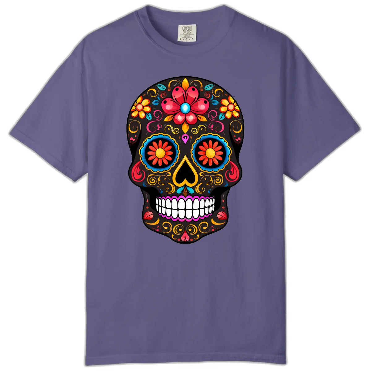 Vibrant Floral Sugar Skull Calavera Art Comfort Color in Grape