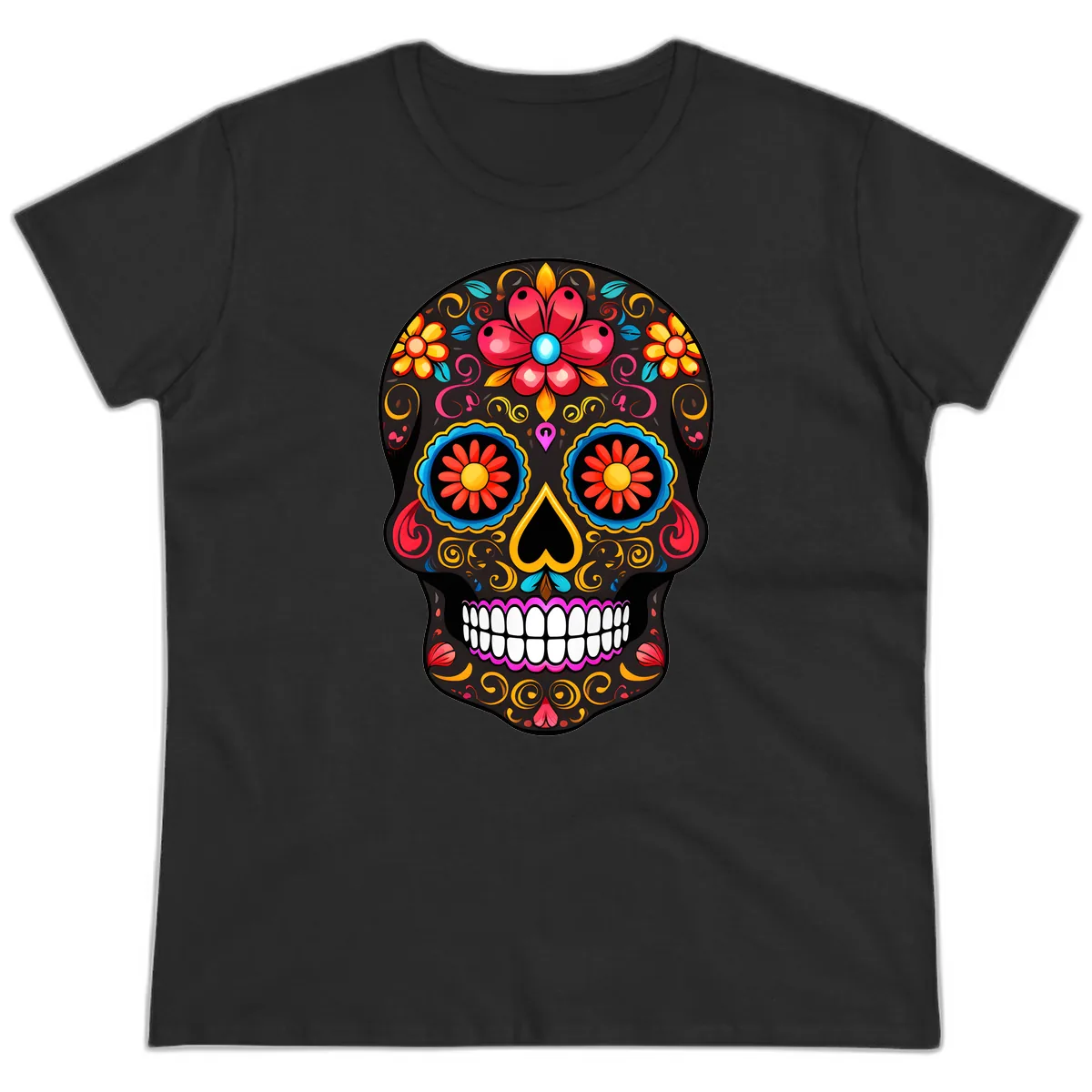 Vibrant Floral Sugar Skull Calavera Art Ladies Tee in Black
