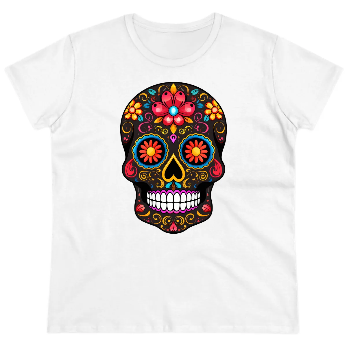 Vibrant Floral Sugar Skull Calavera Art Ladies Tee in White