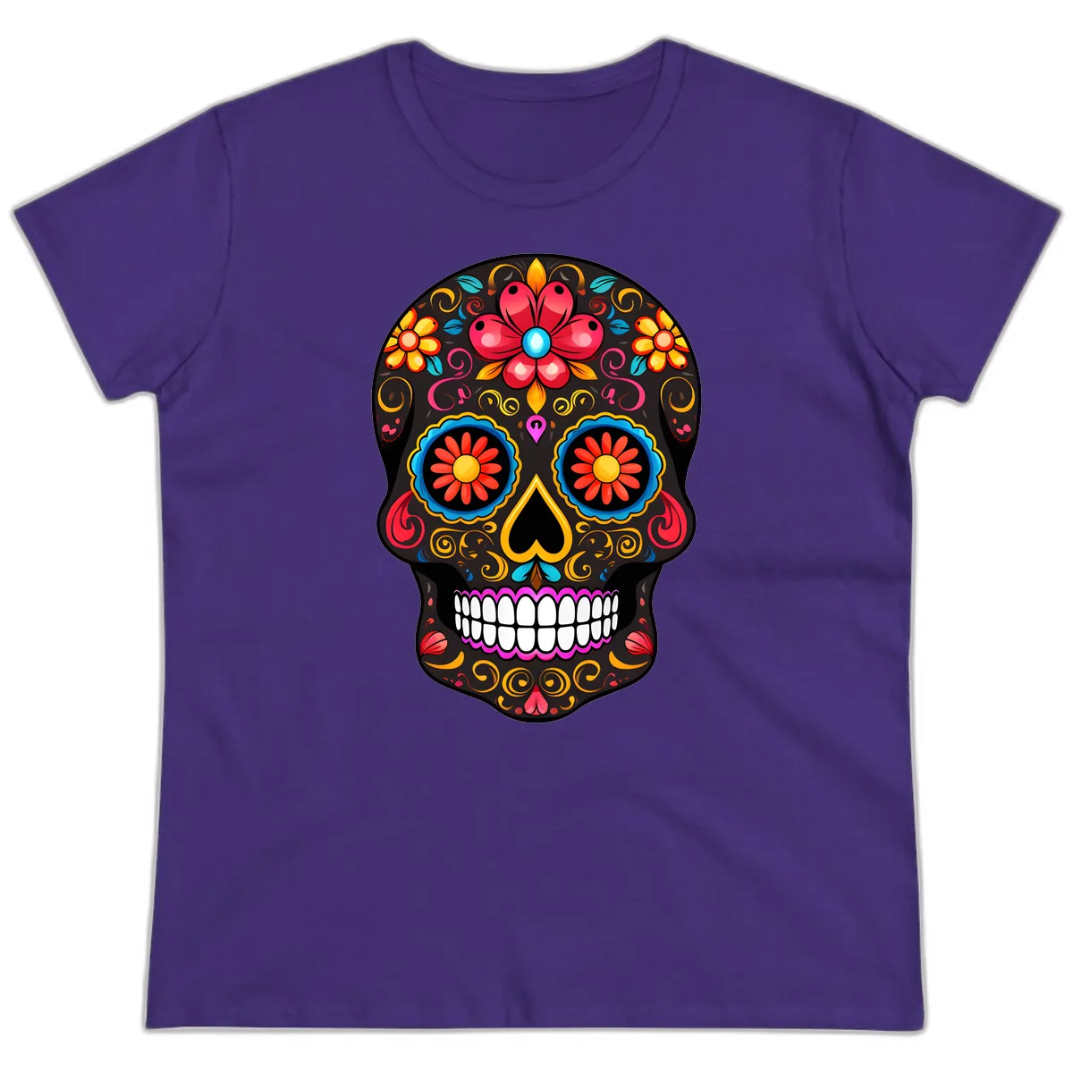 Vibrant Floral Sugar Skull Calavera Art Ladies Tee in Purple