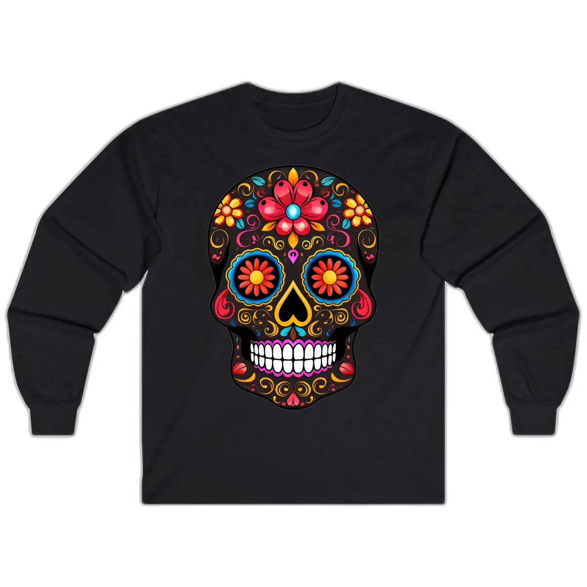 Vibrant Floral Sugar Skull Calavera Art Long Sleeve in Black