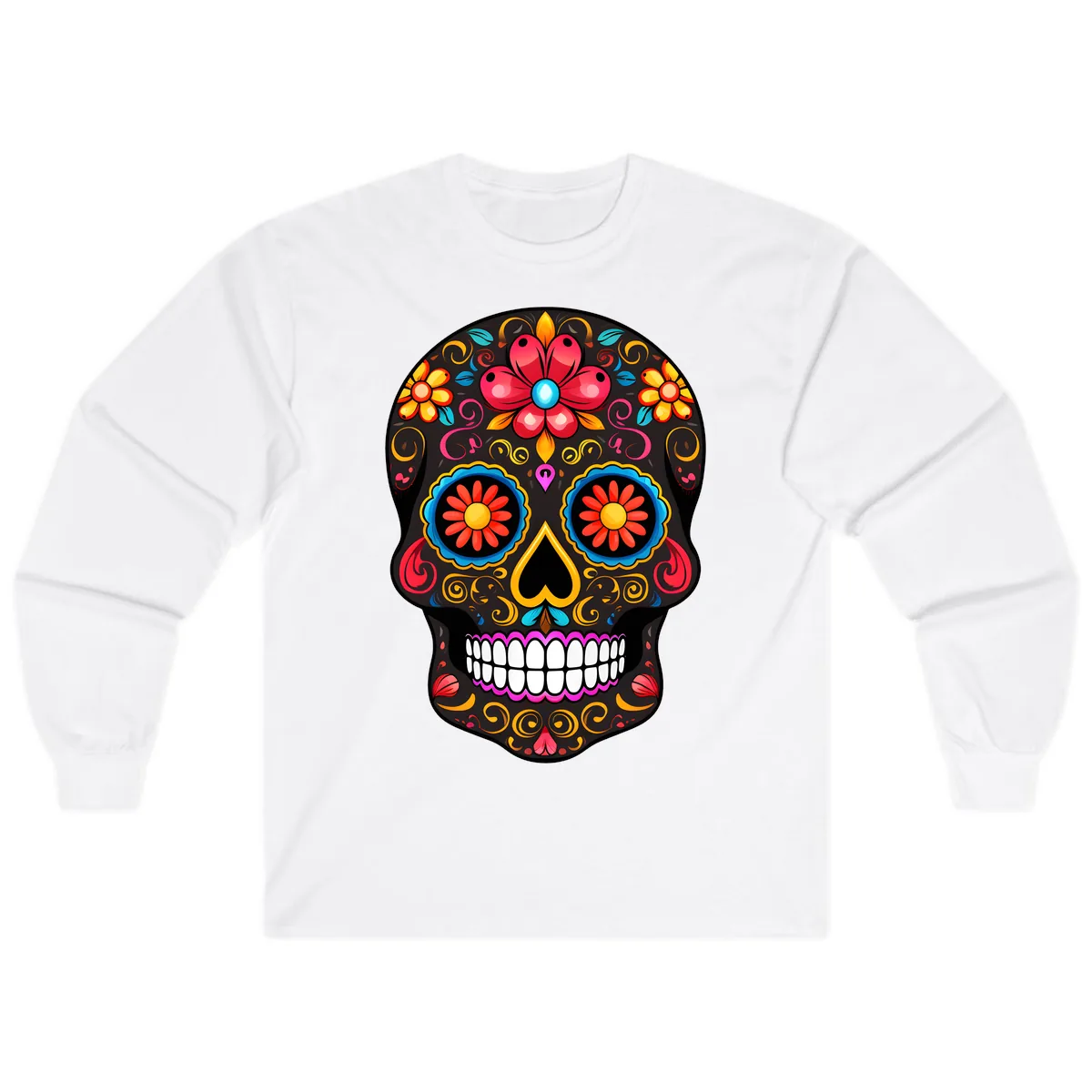 Vibrant Floral Sugar Skull Calavera Art Long Sleeve in White