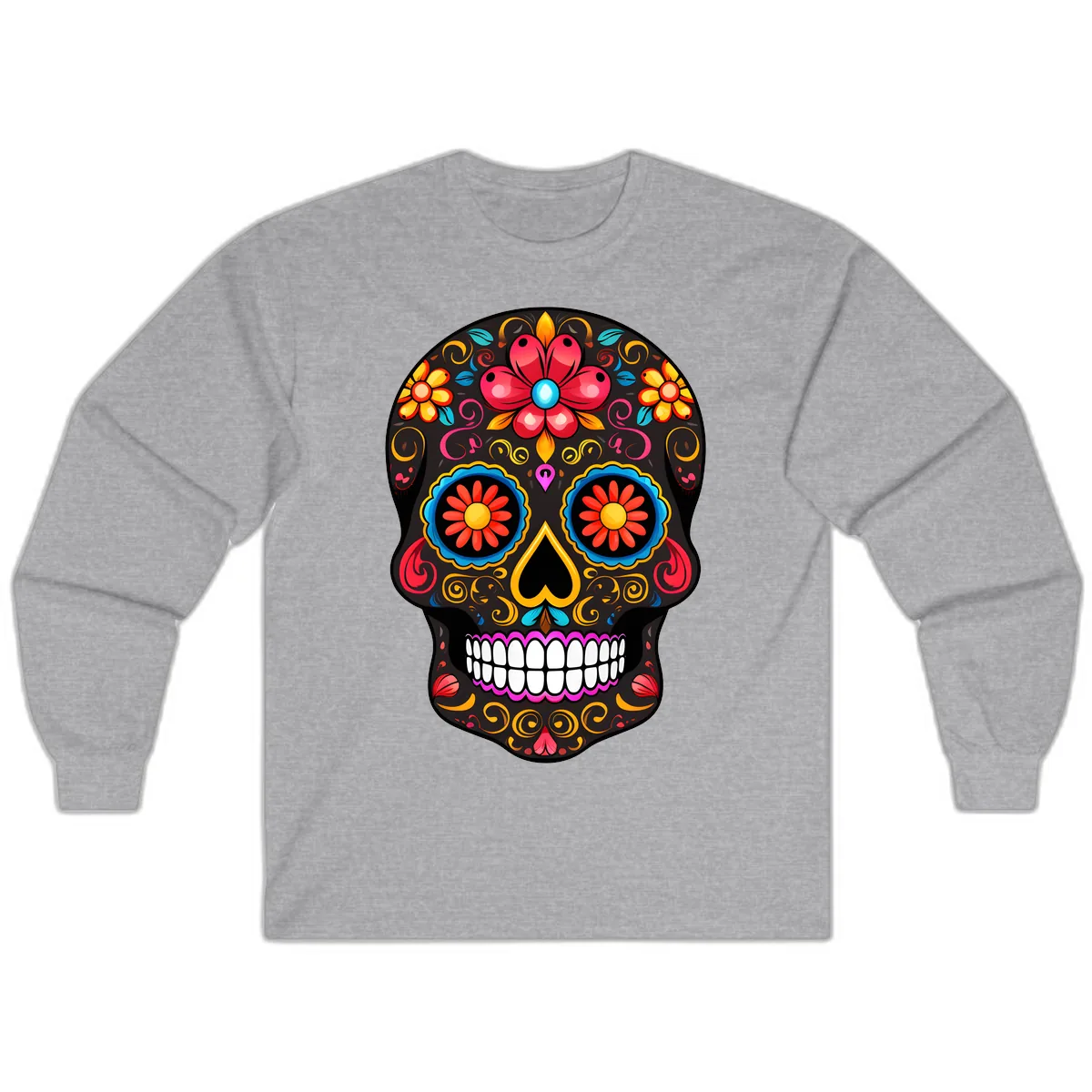 Vibrant Floral Sugar Skull Calavera Art Long Sleeve in Sport Grey
