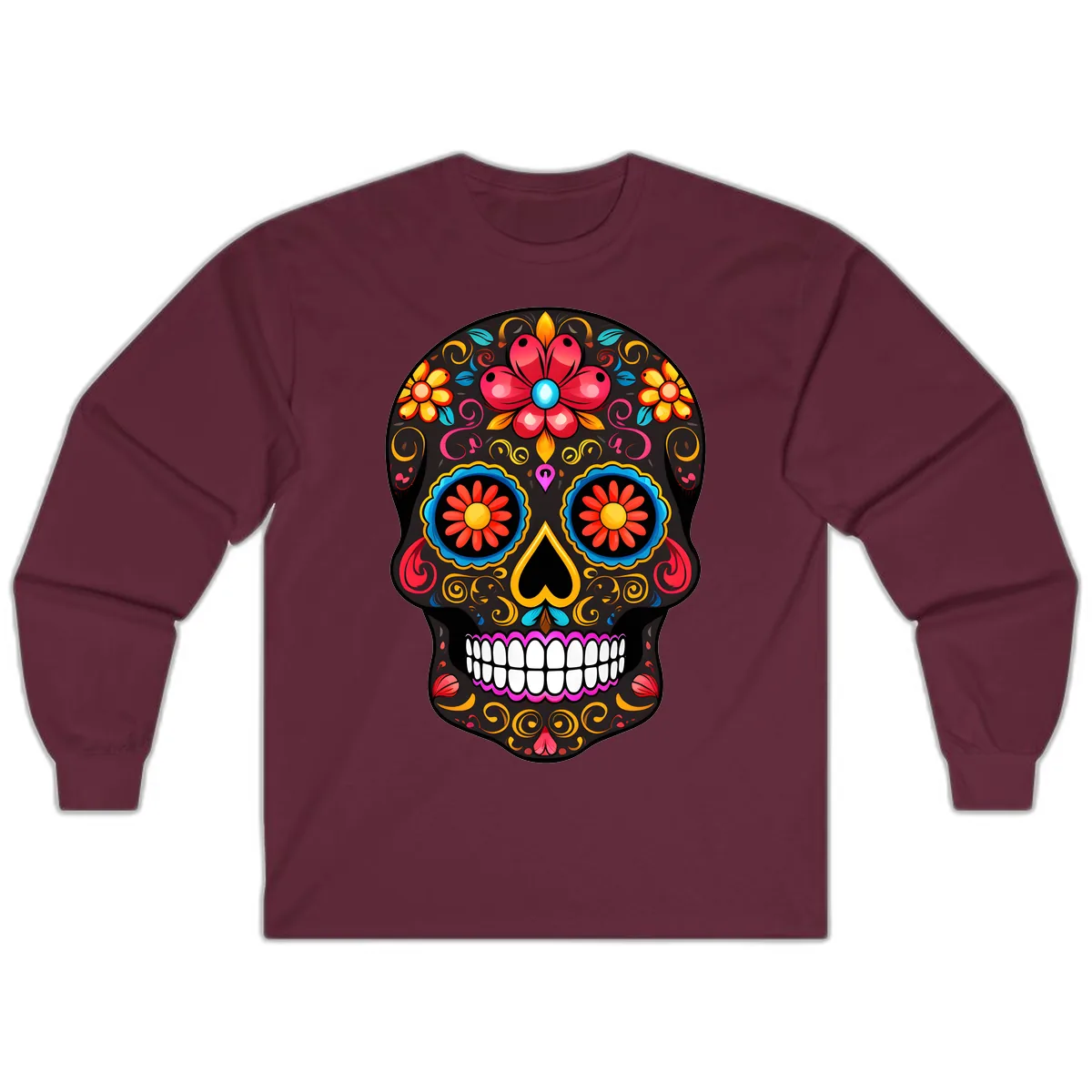 Vibrant Floral Sugar Skull Calavera Art Long Sleeve in Maroon