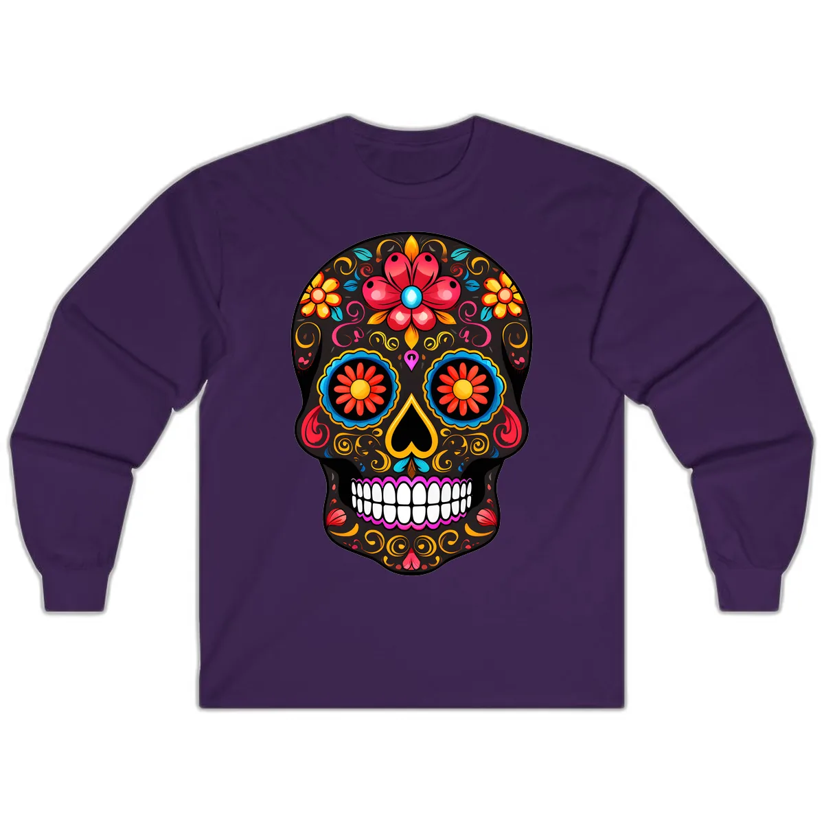 Vibrant Floral Sugar Skull Calavera Art Long Sleeve in Purple