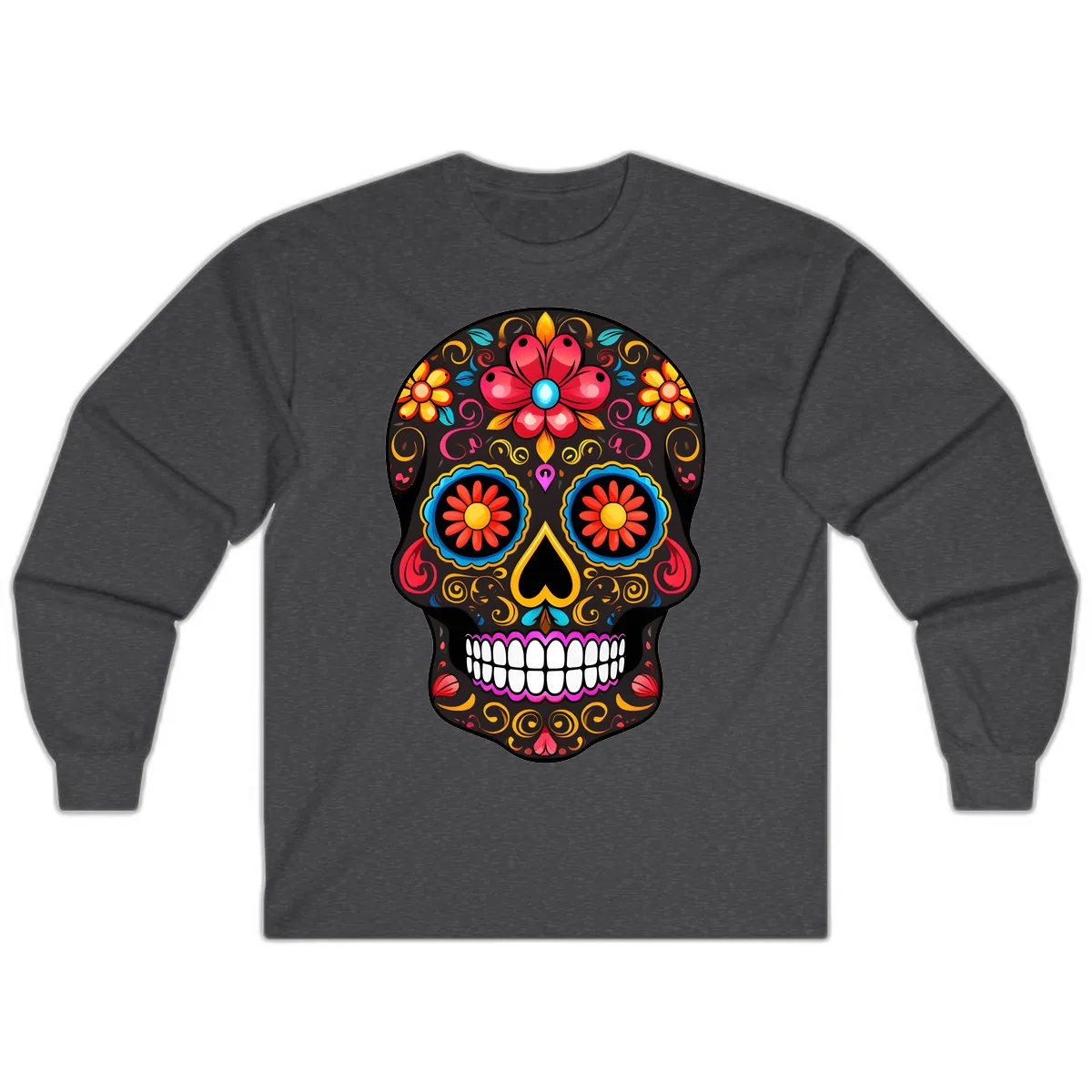 Vibrant Floral Sugar Skull Calavera Art Long Sleeve in Dark Heather