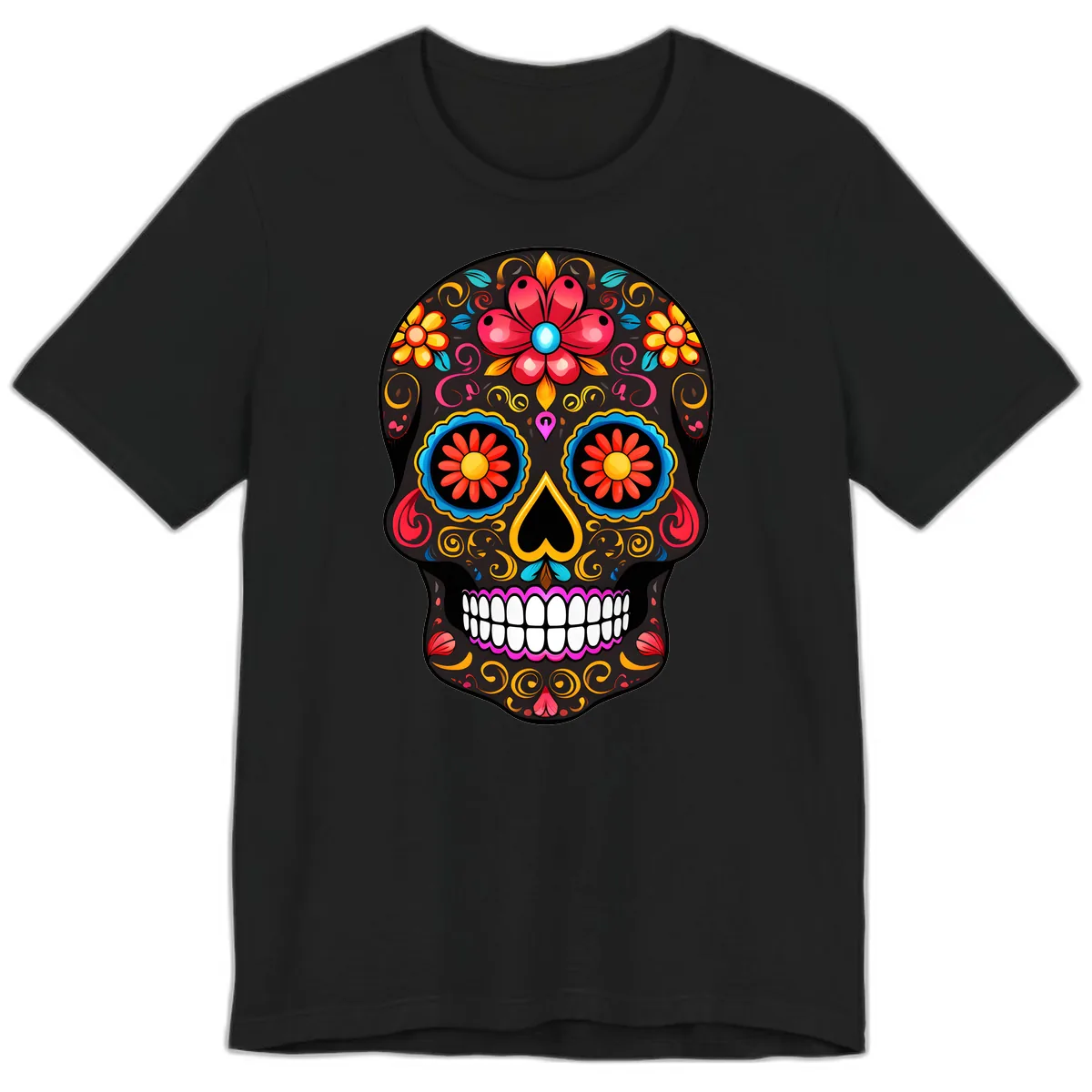 Vibrant Floral Sugar Skull Calavera Art Premium T-Shirt in Black