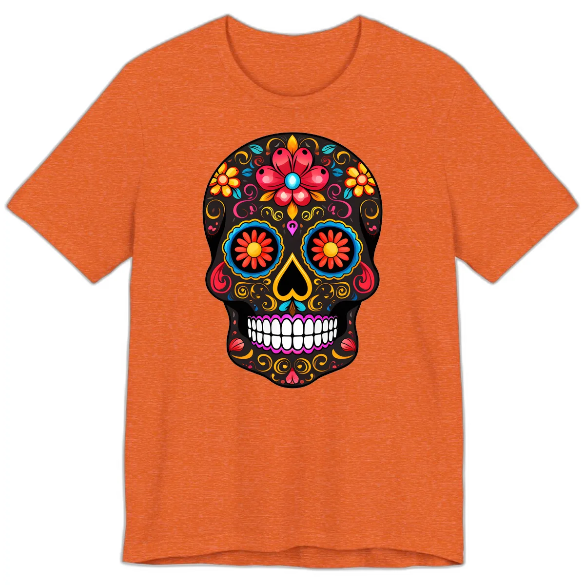 Vibrant Floral Sugar Skull Calavera Art Premium T-Shirt in Heather Orange