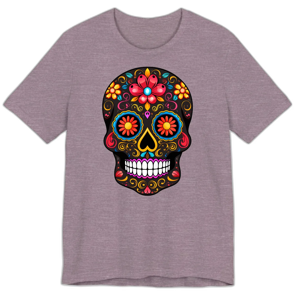 Vibrant Floral Sugar Skull Calavera Art Premium T-Shirt in Heather Purple
