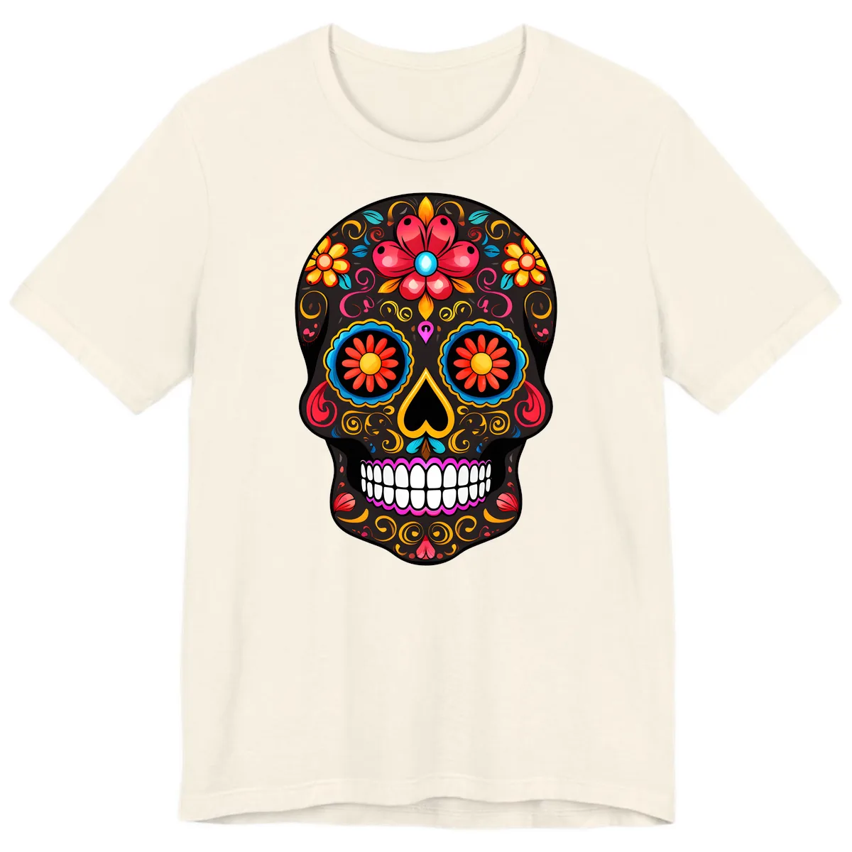Vibrant Floral Sugar Skull Calavera Art Premium T-Shirt in Natural