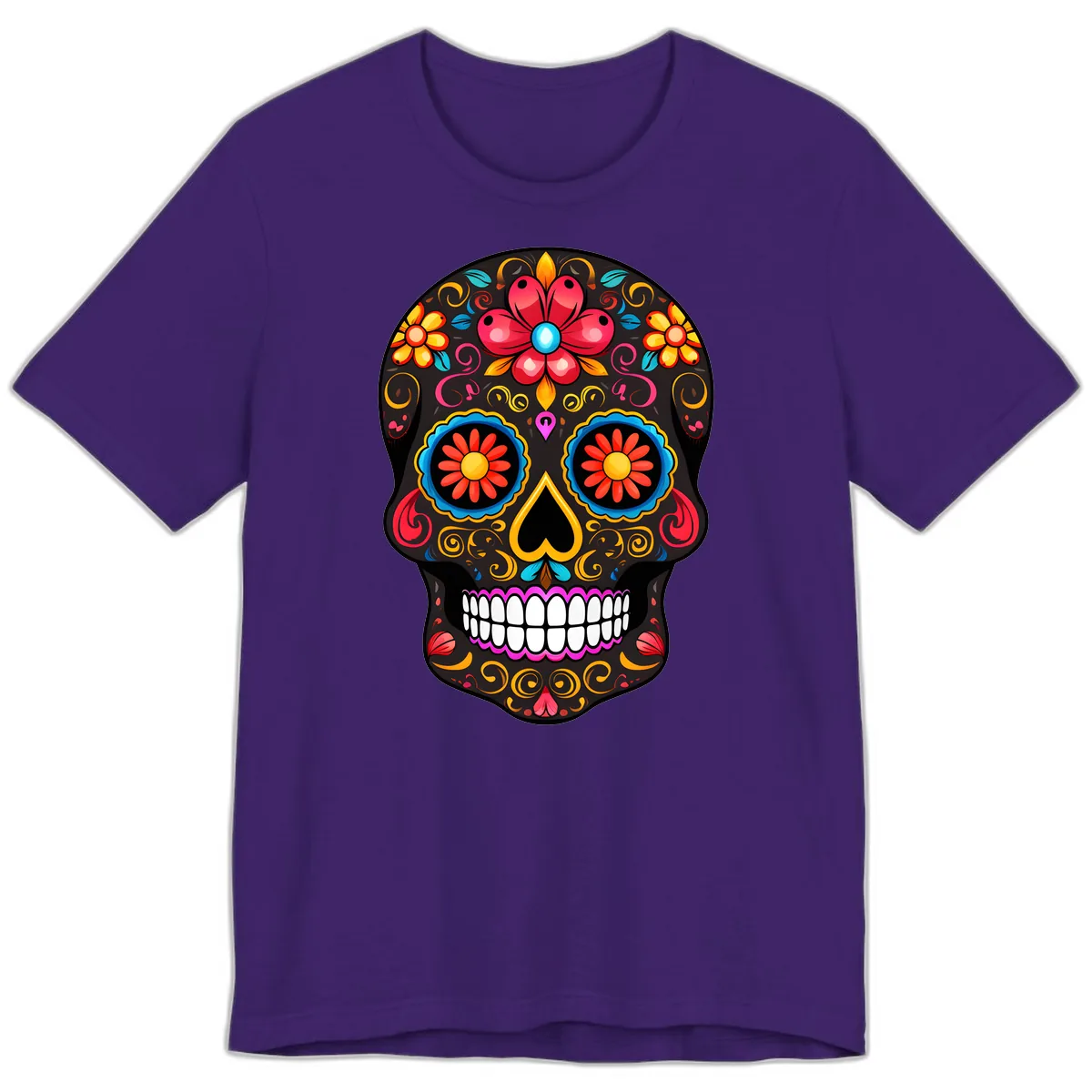 Vibrant Floral Sugar Skull Calavera Art Premium T-Shirt in Team Purple