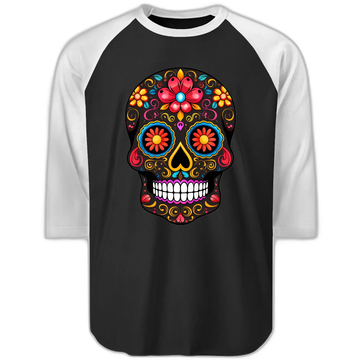 Vibrant Floral Sugar Skull Calavera Art Raglan 3/4 in Black White