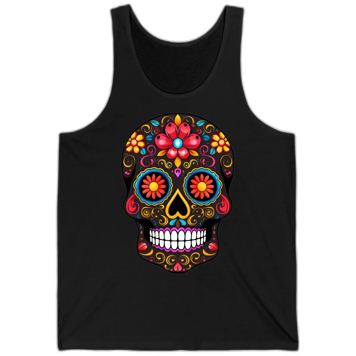 Vibrant Floral Sugar Skull Calavera Art Tank in Black