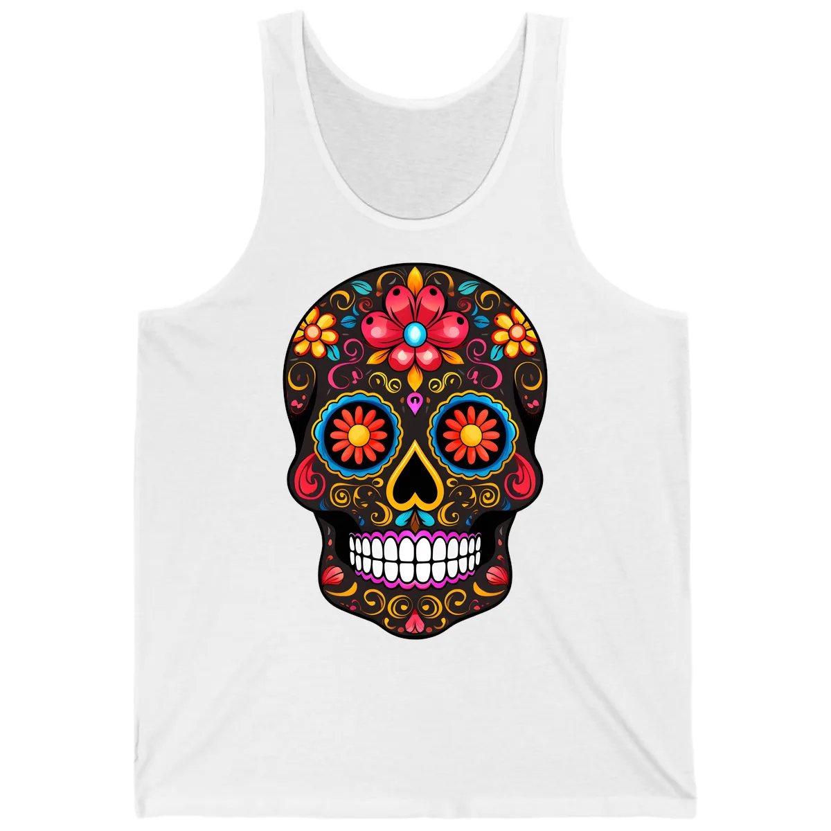 Vibrant Floral Sugar Skull Calavera Art Tank in White