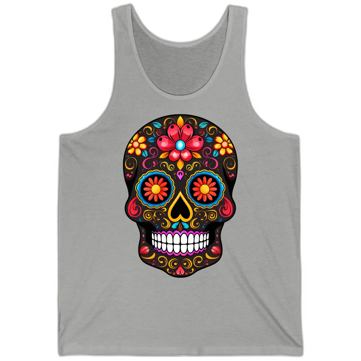 Vibrant Floral Sugar Skull Calavera Art Tank in Athletic Heather