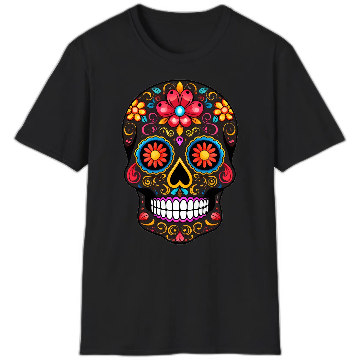 Vibrant Floral Sugar Skull Calavera Art T-Shirt in Black