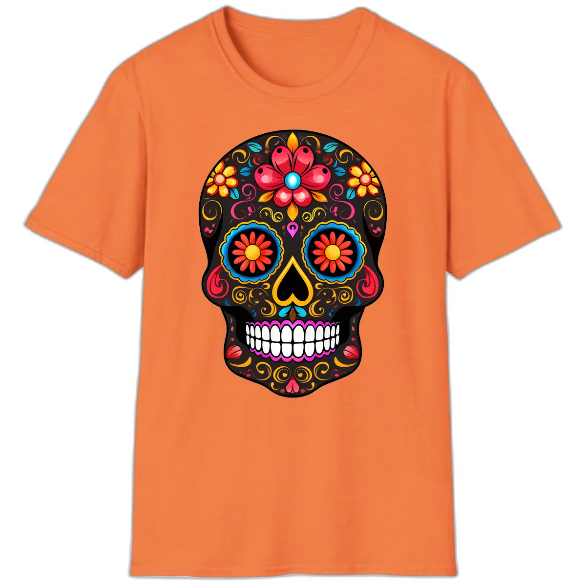 Vibrant Floral Sugar Skull Calavera Art T-Shirt in Heather Orange