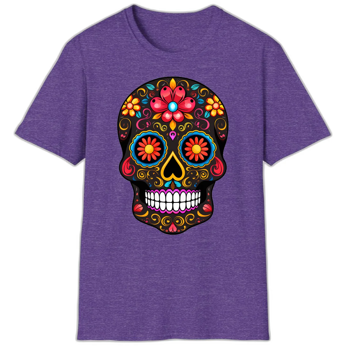 Vibrant Floral Sugar Skull Calavera Art T-Shirt in Heather Purple