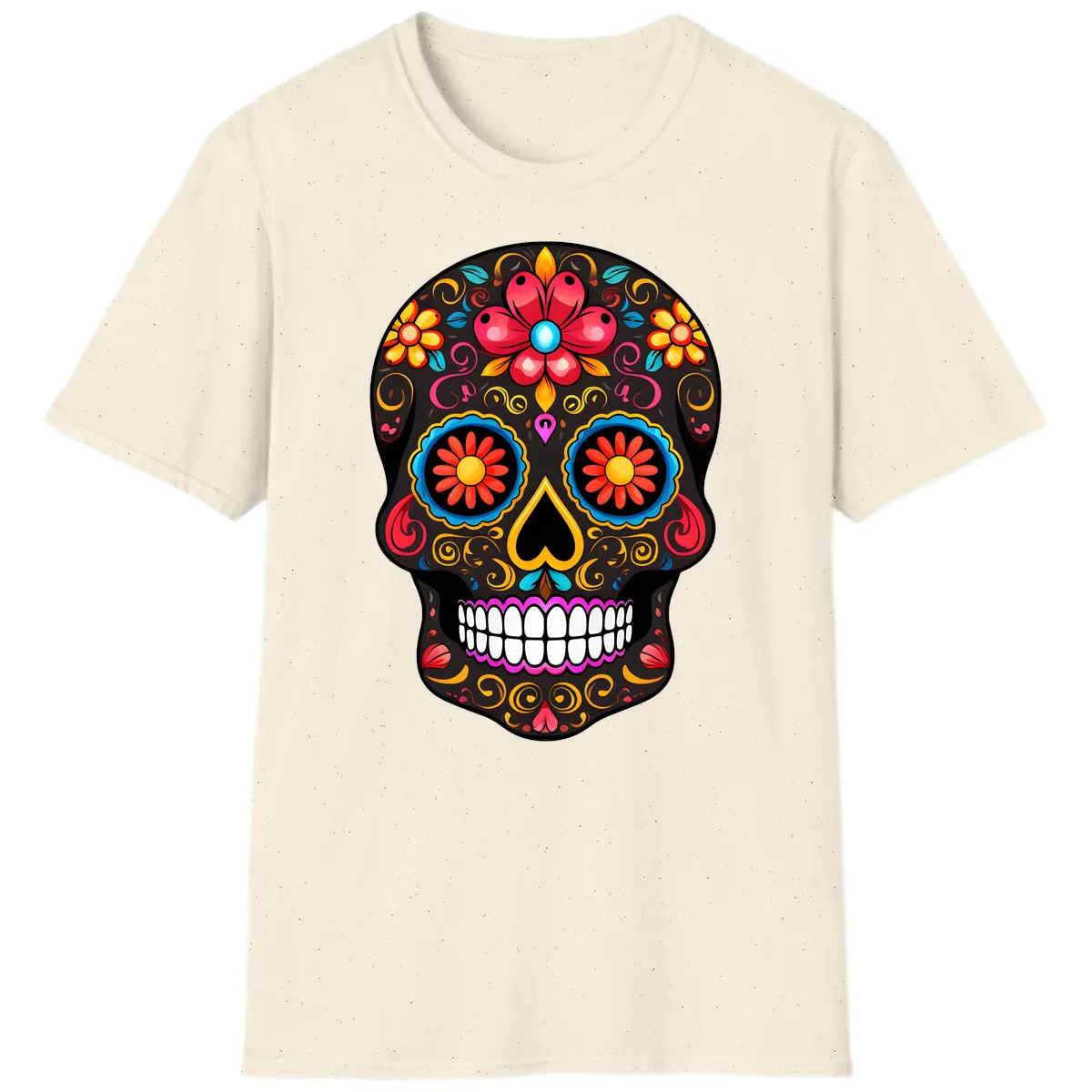 Vibrant Floral Sugar Skull Calavera Art T-Shirt in Natural